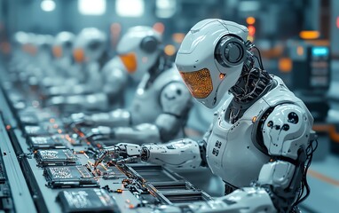 Aufkleber - Fully automated electronics factory with robotic arms working efficiently