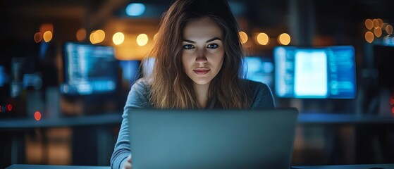 Fototapete - Happy female software developer using a laptop in a modern tech office, looking around, thinking and solving IT problems, confident and focused, professional portrait