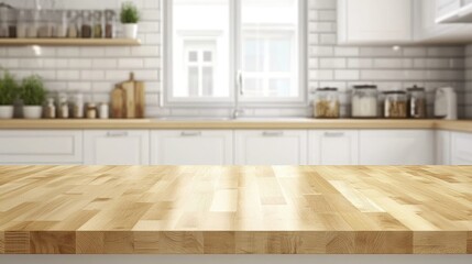 Wooden light empty table top in modern white kitchen, kitchen panel in interior