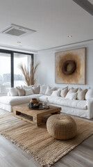 Sticker - Minimalist living room with a large white sectional sofa and a woven rug.