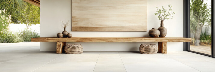 Sticker - Minimalist wooden bench with vases and a large canvas in a modern zen home.