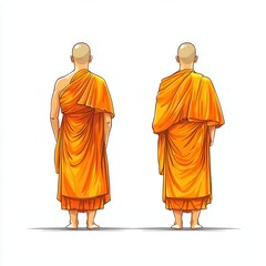 Buddhist Monks in Orange Robes, Back View, Cartoon Illustration.