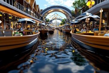 Aufkleber - Interactive 3D digital scene of a floating market in Thailand, where users can explore the boats, interact with the vendors, and experience the vibrant atmosphere in a fully animated environment
