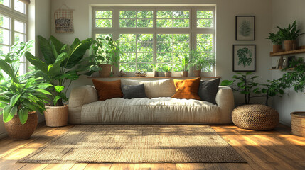 Sticker - A bright living room with a large window and a comfy couch.