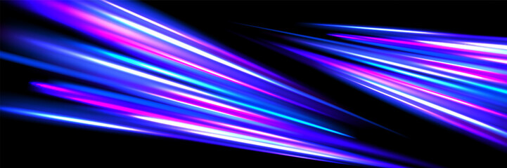 Poster - Neon glowing dynamic stripe background. Blue pink speed light effect. Exposure trail flare line texture. Luminous laser rays or beams wallpaper design. Futuristic neon speedy streak backdrop. Vector