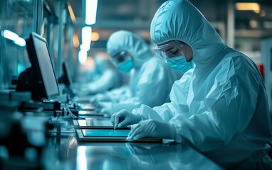 Aufkleber - Electronics Factory Two Technicians in Sterile Suits Removing Silicon Wafer, Semiconductor Production in Clean Environment