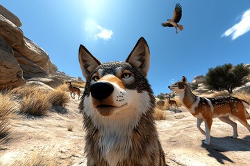 Aufkleber - Interactive 3D digital scene of a mountain landscape, where users can explore and observe wolves, deer, and eagles in a fully animated natural world