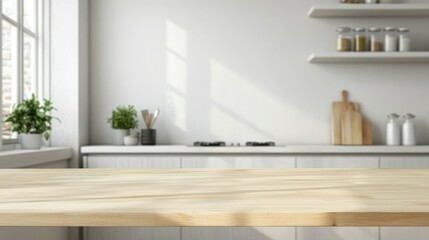 Poster - Wooden light empty table top in modern white kitchen, kitchen panel in interior