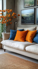 Canvas Print - A modern living room with a white couch and orange throw pillows.