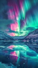 Poster - In the cold polar night sky, the green, pink, and purple auroras dance like veils and are reflected on the lake, which is very beautiful and shocking 