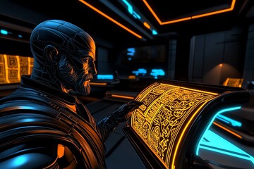 Aufkleber - Interactive 3D digital scene of a stoic thinker in a futuristic classroom, where users can explore holographic scrolls and teachings in a fully immersive, animated environment