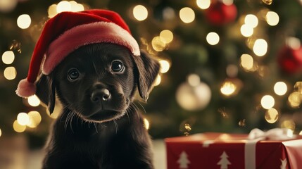 Wall Mural - ฉute puppy wearing a festive Christmas hat sitting next to a decorated tree