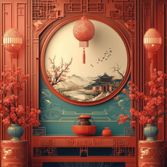 the red  illustration graphic vector of red background  asian chinese old building with green door , chinese vase   in courtyard building 