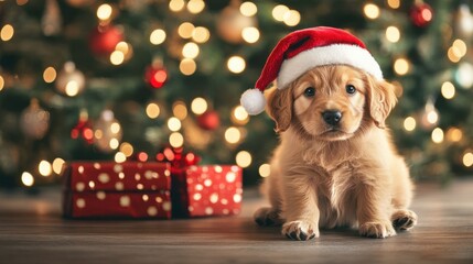 Wall Mural - ฉute puppy wearing a festive Christmas hat sitting next to a decorated tree