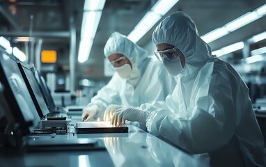 Aufkleber - Silicon Wafer Handling at Electronics Factory Two Technicians in Sterile Suits, Semiconductor Production Process