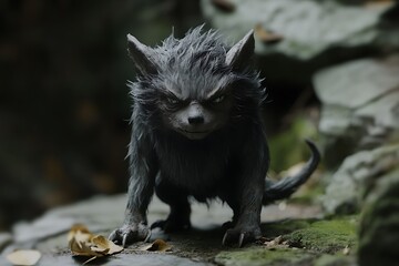 Canvas Print - Furry black monster with sharp teeth and claws, standing on a rock in the forest. Dark fantasy creature concept.