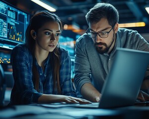 Poster - Tech Facility Collaboration Multiethnic Female System Administrator and Caucasian Male IT Engineer Working and Brainstorming with Laptop