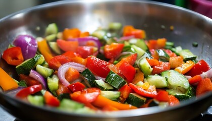 A close-up shot of chopped red bell peppers, cucumber, and red onion in a stainless steel pan.