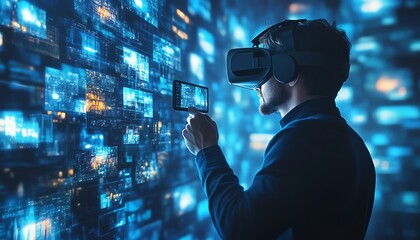 Aufkleber - Virtual Reality Businessman in Digital Cyberspace Engaging with Content Websites, Video Streaming, Social Media, eCommerce