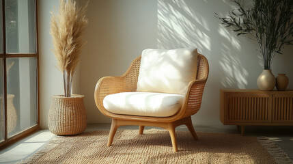 Canvas Print - A rattan armchair with a white cushion sits on a woven rug in a bright, airy room.