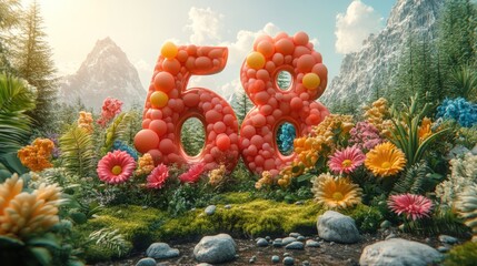 Canvas Print - Vibrant 58 made of balloons surrounded by colorful flowers and mountains.