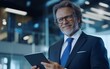 © Mavita - A smiling businessman in a suit holds a tablet, showcasing a professional and modern work environment.