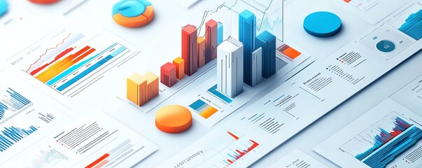 Poster - Business report data presentation in isometric perspective, white background, detailed charts and graphs, professional design