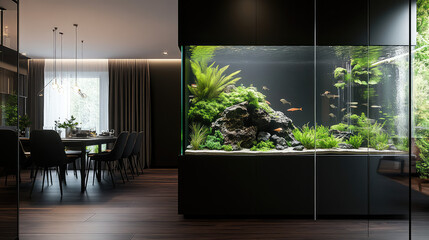 Poster - modern living room with furniture and large size aquarium in the middle of the room  opened for natural light on top of the aquarium 