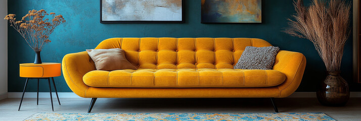 Poster - A bright yellow sofa with tufted cushions in a living room with teal walls