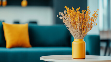 Wall Mural - Dried flowers in a yellow vase on a table in a living room.