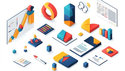 Poster - Isometric data report illustration, business presentation elements, white background, clean design with charts, graphs, and key metrics