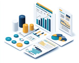 Poster - Isometric illustration of a business report, clean and professional on a white background, includes data charts and graphs