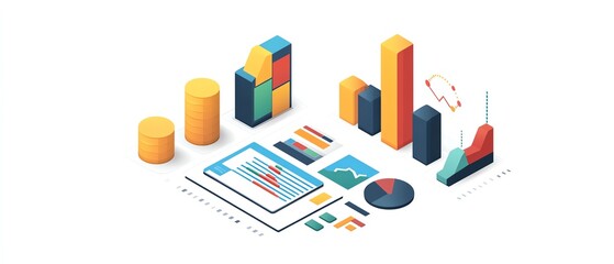 Poster - Isometric view of a business presentation data report, isolated on white background, clean and professional design, charts and graphs