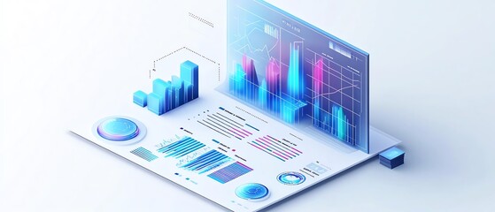 Poster - Isometric view of a business presentation data report, isolated on white background, clean and professional design, charts and graphs