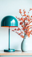 Canvas Print - Teal table lamp with a bright orange lining and a vase with orange flowers.