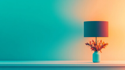 Canvas Print - A teal lamp with a blue vase and orange leaves on a white shelf.