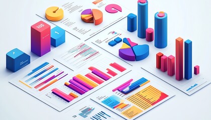 Poster - Professional business presentation report, isometric view, white background, detailed illustration of data with charts and graphs