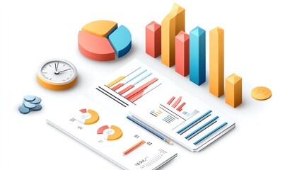 Poster - Professional business presentation report, isometric view, white background, detailed illustration of data with charts and graphs