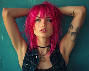 Adult woman with pink dyed hair, hands behind her head, relaxed and bold pose, striking portrait, vivid hair color, contemporary style