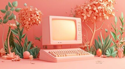 Poster - Retro Pink Computer Surrounded by 3D Flowers and Plants on a Coral Background