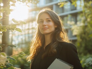 Canvas Print - Young woman in a black blazer smiling and looking up at the sunlight.