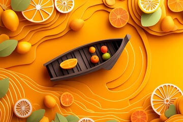 Poster - Minimalist illustration of a single boat at the floating market, with clean lines and vibrant fruit shapes capturing the essence of the Thai floating market in a simple design