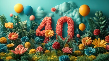 Poster - Colorful 40th birthday celebration with flowers and balloons.