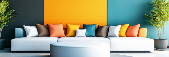 Wall Mural - White couch with colorful pillows in a modern living room.