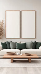 Poster - Minimalist living room with a white couch and a wooden coffee table.