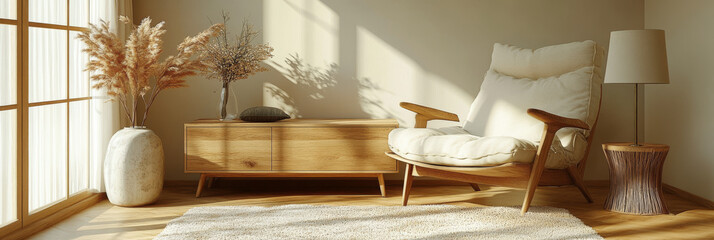 Poster - Cozy living room with a comfy armchair and a wooden cabinet.