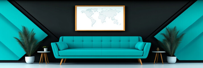 Wall Mural - Modern living room with a teal sofa and a world map above it.