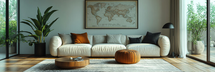 Sticker - A modern living room with a white sofa and a world map on the wall.