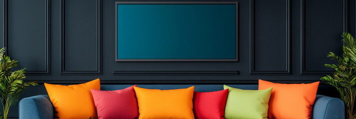 Poster - Blue couch with colorful pillows in a minimalist living room.