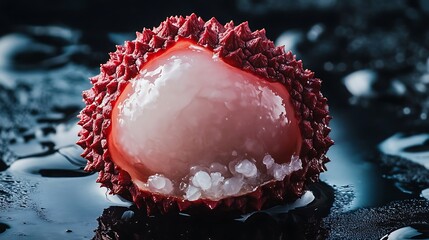 Closeup of a lychee fruit with water droplets on a dark surface.